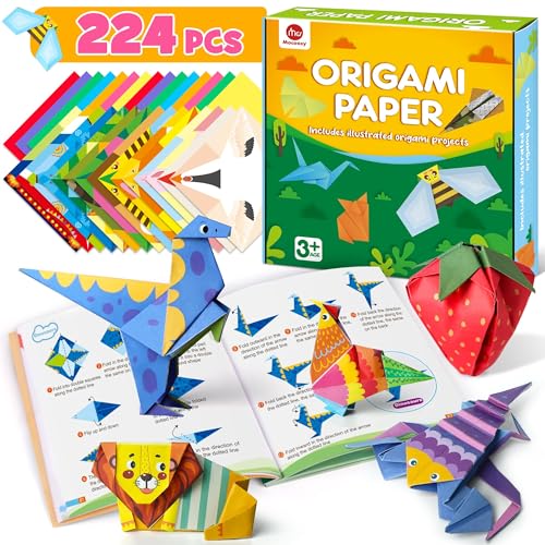 Mocoosy 224 Sheets Origami Paper Kit for Kids, Double Sided Color Square Folding Paper Set with 72 Patterns & Origami Book, Art and Craft Supplies for Girls and Boys Ages 5-8, 8-12 Project Activities